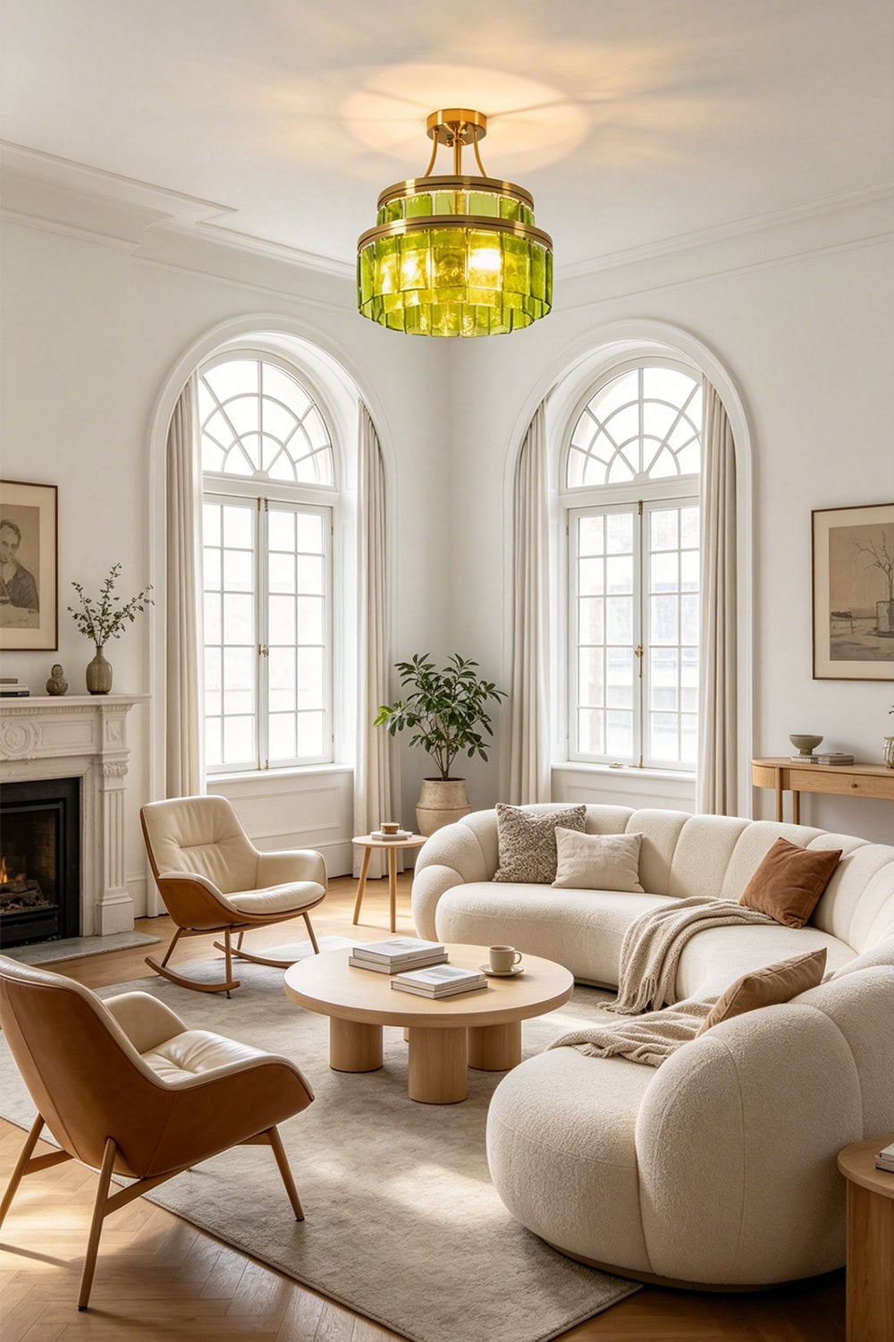 Aura Verdant Tiered Green Glass Ceiling Light | Metal, Glass | Providing a warm glow in a sophisticated, sunlit living room with curved sofas and large arched windows | vexa lamps Aura Verdant