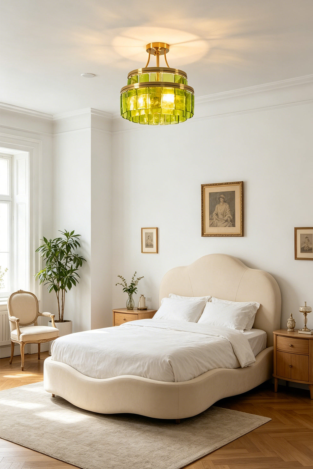 Aura Verdant Tiered Green Glass Ceiling Light | Metal, Glass | Positioned as central ambient light in a cozy white bedroom with a plush upholstered headboard | vexa lamps