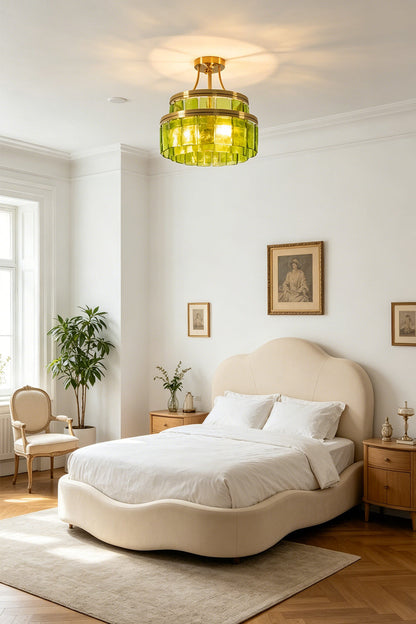 Aura Verdant Tiered Green Glass Ceiling Light | Metal, Glass | Positioned as central ambient light in a cozy white bedroom with a plush upholstered headboard | vexa lamps