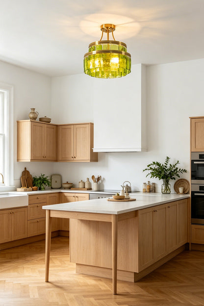 Aura Verdant Tiered Green Glass Ceiling Light | Metal, Glass | Installed as central illumination in a bright kitchen with light wood cabinetry and a kitchen island | vexa lamps