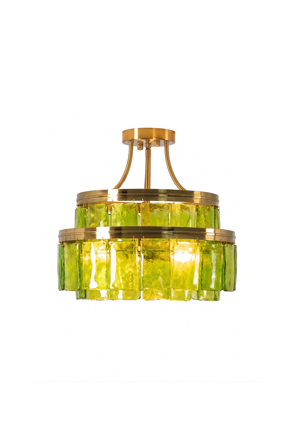 Aura Verdant Tiered Green Glass Ceiling Light | Metal, Glass | Two-tier semi-flush mount ceiling light with rectangular textured green glass plates and brushed brass hardware | Isolated lit product shot on white background | vexa lamps