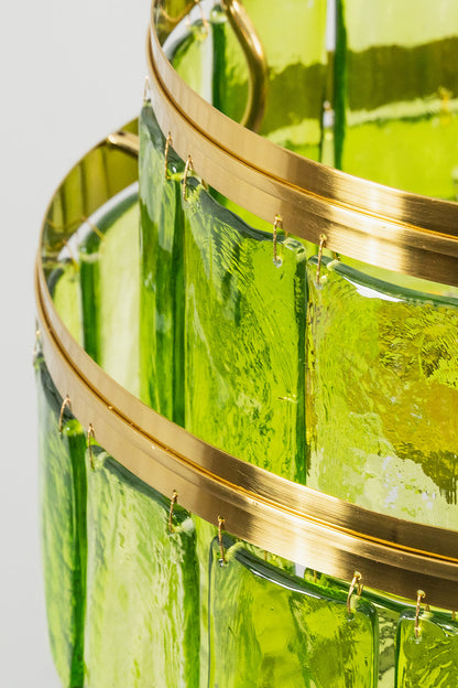 Aura Verdant Tiered Green Glass Ceiling Light | Metal, Glass | Close-up side profile of the brushed gold metal bands and the hooked green glass plates | Detail shot | vexa lamps