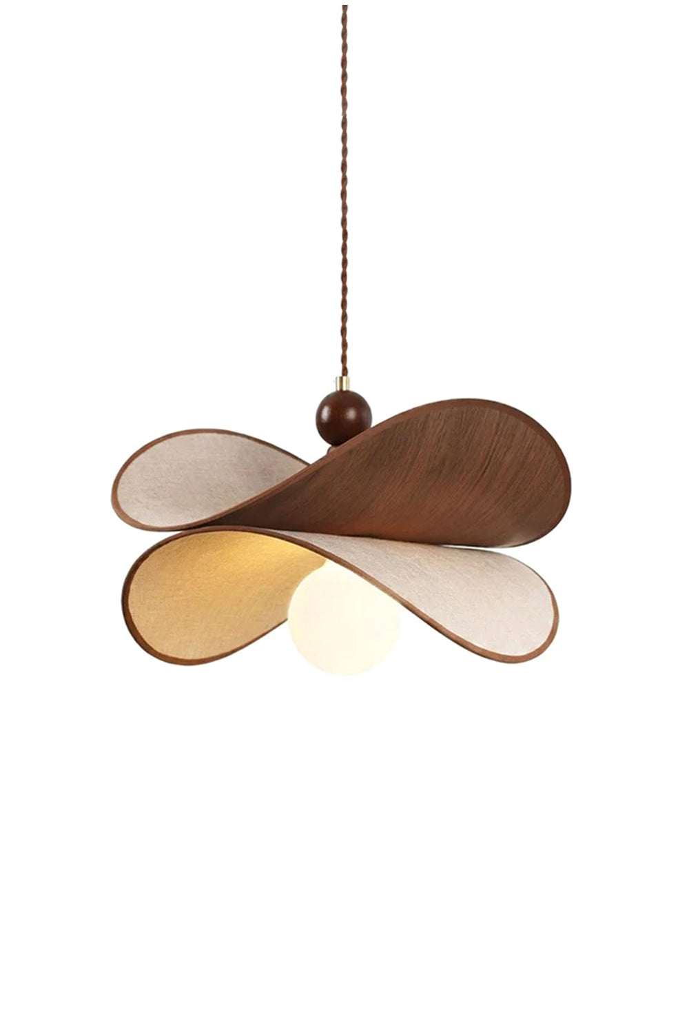 Aurelia Blossom Glass Pendant Light | Wood, Fabric, Glass | Isolated lit view of an organic modern pendant light featuring layered, wave-curved walnut wood and fabric petals surrounding a central frosted white glass globe bulb | White background | vexa lamps