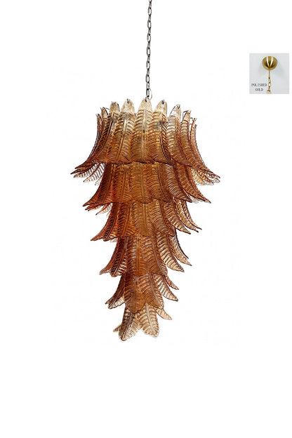 Aurelia Helix Amber Glass Cascade Chandelier showcasing amber-hued glass plumes in a dramatic spiral design.