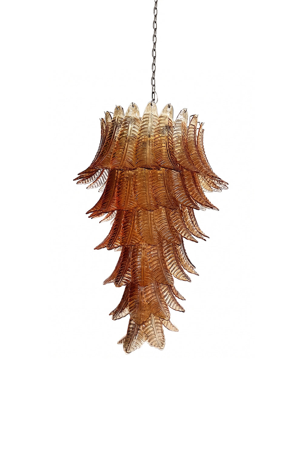 Aurelia Helix Amber Glass Cascade Chandelier featuring amber-hued glass plumes in an elegant design.