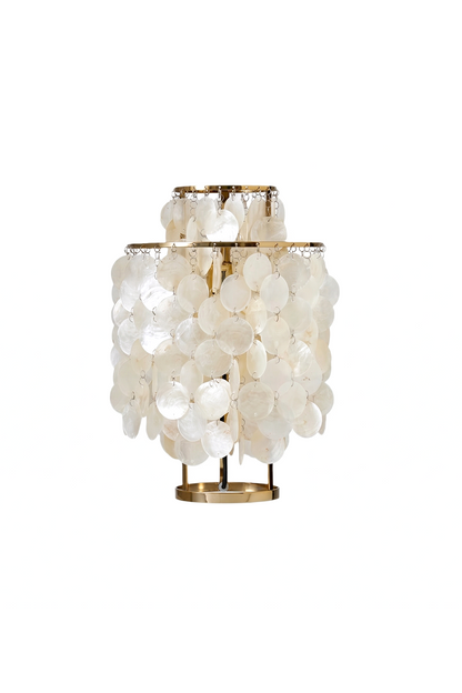 Aurelia Tiered Capiz Table Lamp | Capiz Shell, Metal | Multi-tiered cylinder table lamp with cascading translucent capiz shell discs on a gold metal frame | Isolated product shot on white background | vexa lamps