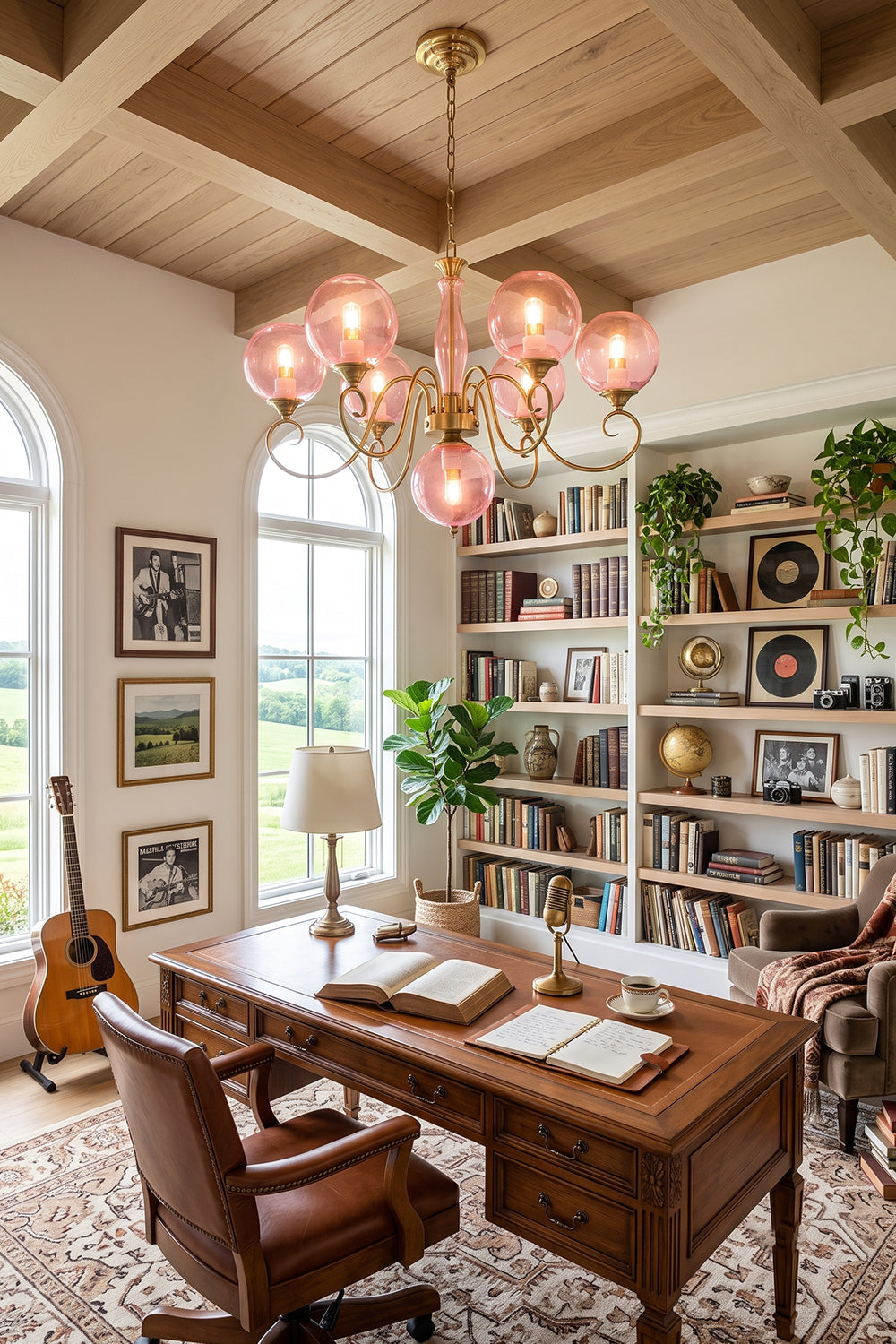 Aveline Globe Cluster Chandelier | Colored Glass and Brass | Pink glass version illuminating a classic home office with wooden desk | vexa lamps