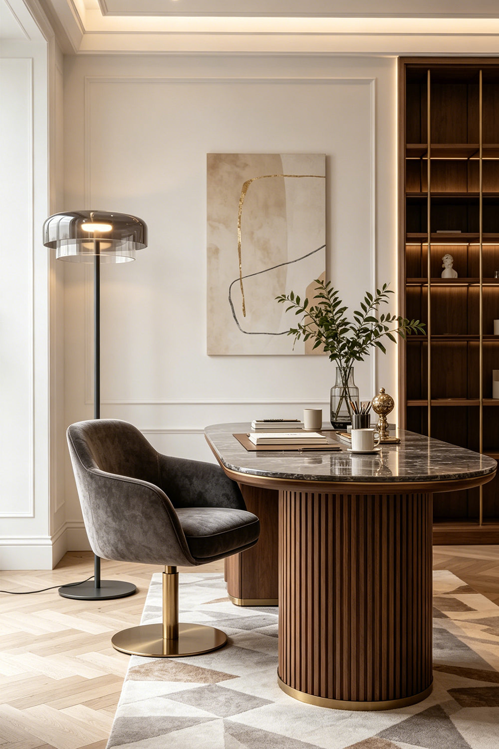 Aven Minimalist Architectural Floor Lamp | Glass, Metal | Providing refined ambient lighting in a sophisticated home study room behind a dark executive wood desk and velvet armchair | vexa lamps