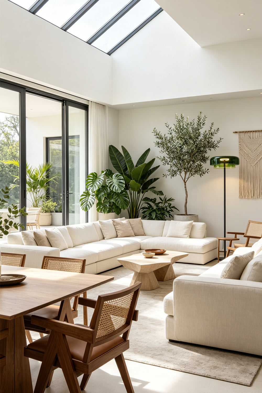 Aven Minimalist Architectural Floor Lamp | Glass, Metal | Wide-angle view of the contemporary living and dining area showcasing multiple variant floor lamps adding ambiance under a bright skylight | vexa lamps
