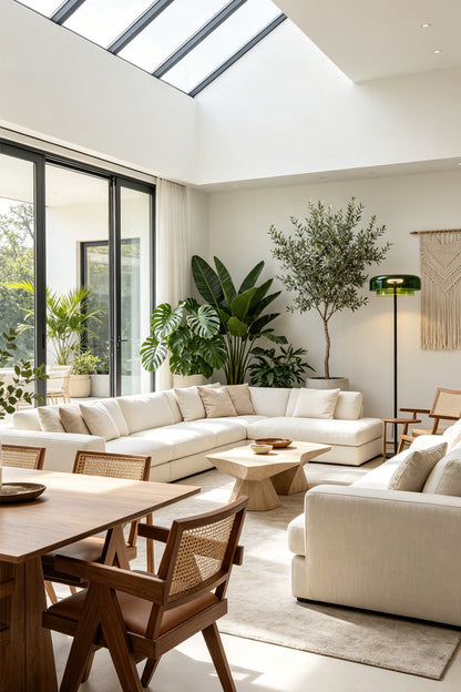 Aven Minimalist Architectural Floor Lamp | Glass, Metal | Wide-angle view of the contemporary living and dining area showcasing multiple variant floor lamps adding ambiance under a bright skylight | vexa lamps