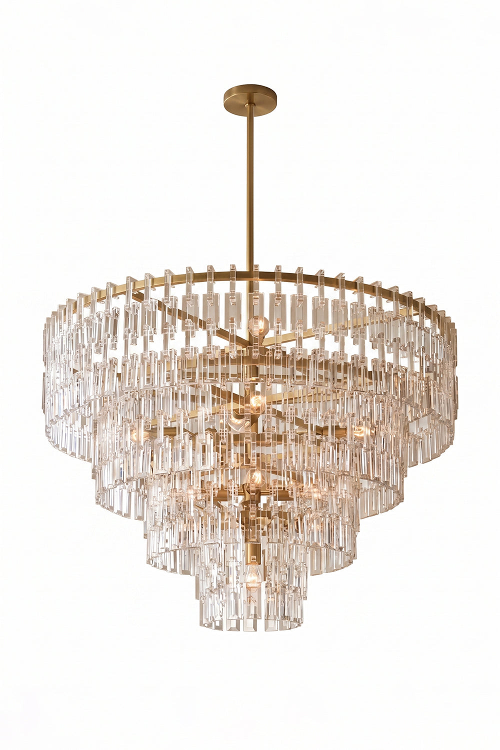Aven Tiered Glass Prism Chandelier | Glass, Metal | Isolated lit product shot of the multi-tiered gold frame crystal variant radiating a warm golden glow on a white background | vexa lamps