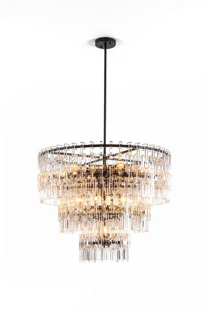 Aven Tiered Glass Prism Chandelier | Glass, Metal | Isolated unlit product shot of the multi-tiered matte black frame and clear crystal prism variant on a white background | vexa lamps