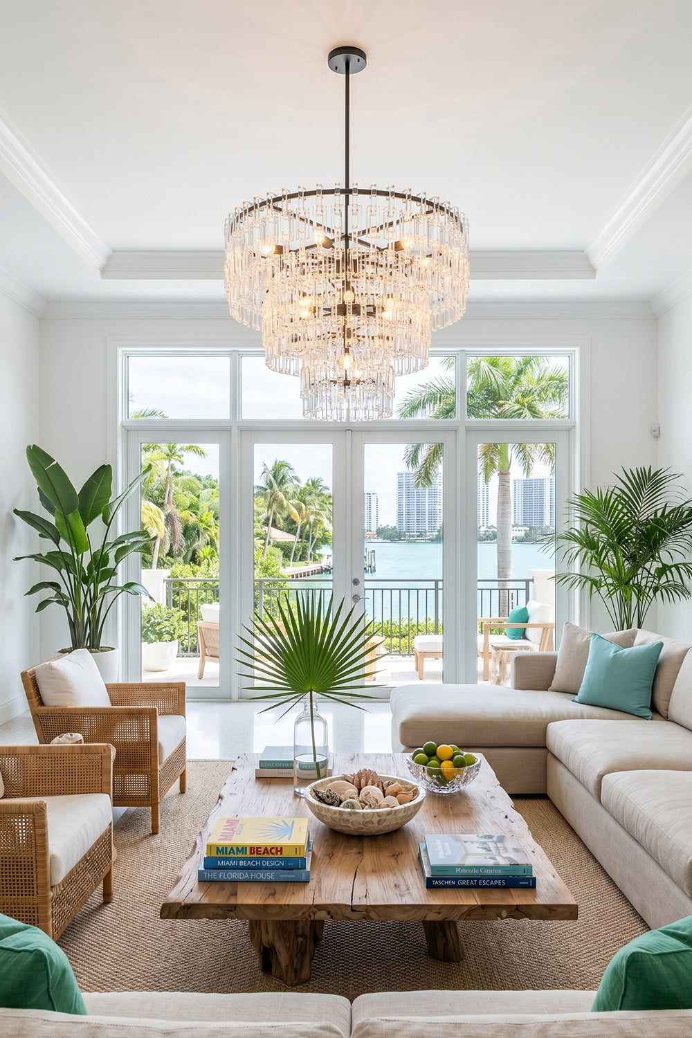 Aven Tiered Glass Prism Chandelier | Glass, Metal | Close-up scene view of the hanging tiered chandelier casting a welcoming glow over a rustic wooden coffee table | vexa lamps