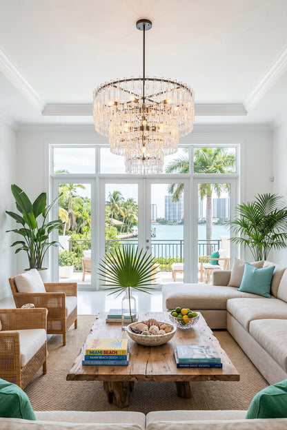 Aven Tiered Glass Prism Chandelier | Glass, Metal | Close-up scene view of the hanging tiered chandelier casting a welcoming glow over a rustic wooden coffee table | vexa lamps