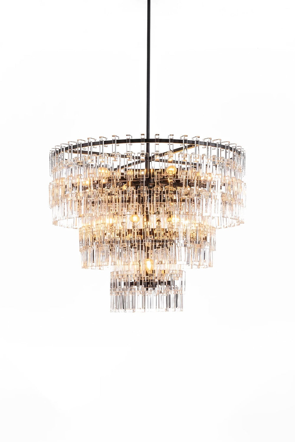 Aven Tiered Glass Prism Chandelier | Glass, Metal | Fully illuminated multi-tiered crystal prism chandelier featuring interlocking clear glass links and a sleek black metal frame | Isolated lit product shot on white background | vexa lamps