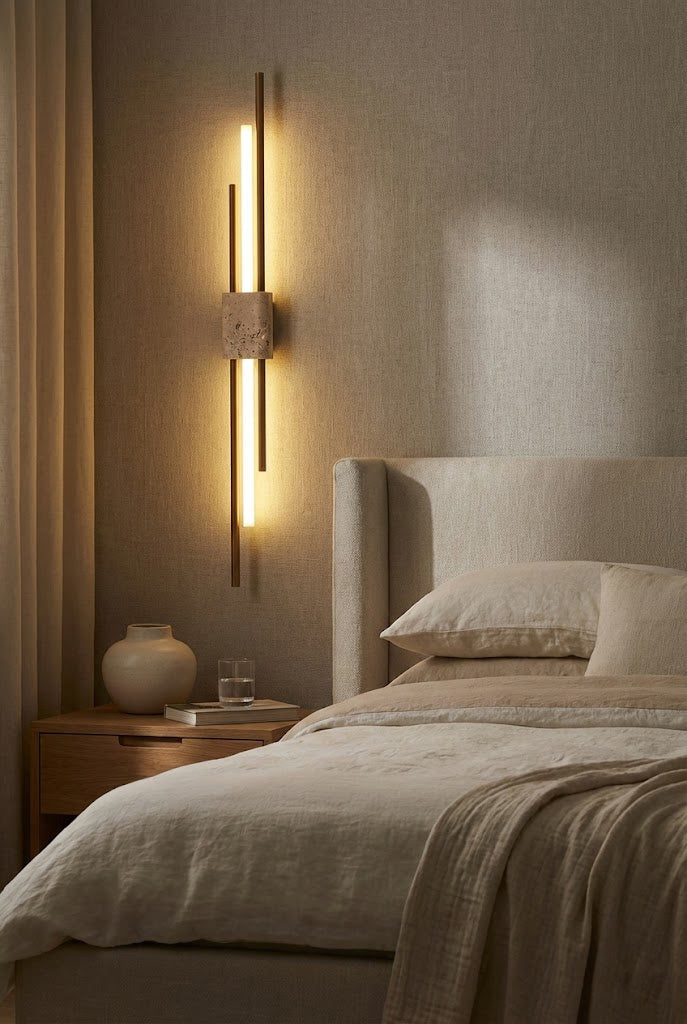 Vertical Axis Terra wall light in a modern bedroom | Travertine, Metal, Glass | Installed next to a bed with warm glow | vexa lamps