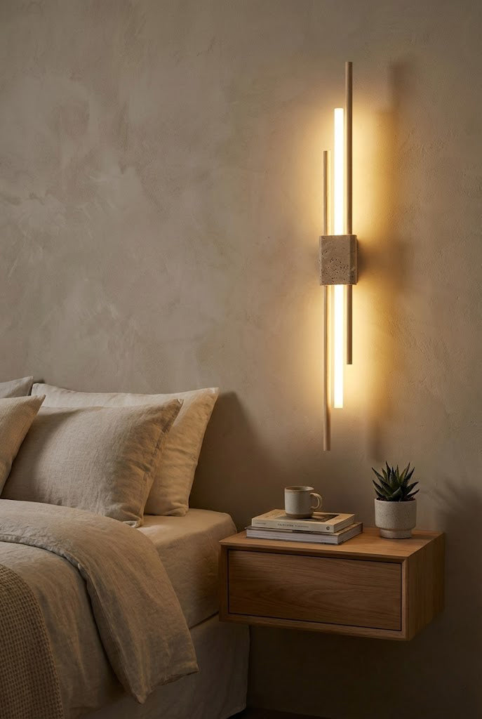 Axis Terra wall light over a wooden nightstand | Travertine, Metal, Glass | Minimalist bedroom interior scene | vexa lamps