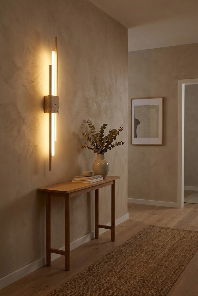 Axis Terra linear light in a warm hallway | Travertine, Metal, Glass | Installed above a console table with decor | vexa lamps