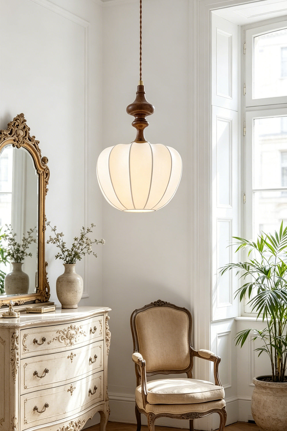 Baird Mid-Century Silk Pendant Light hanging elegantly in a sophisticated interior with vintage decor.