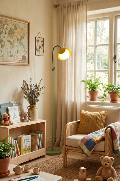 Botanical Aura Metal Floor Lamp | Metal, Glass | Yellow flower lamp in a cozy living area | Warm ambient light with wooden furniture | vexa lamps