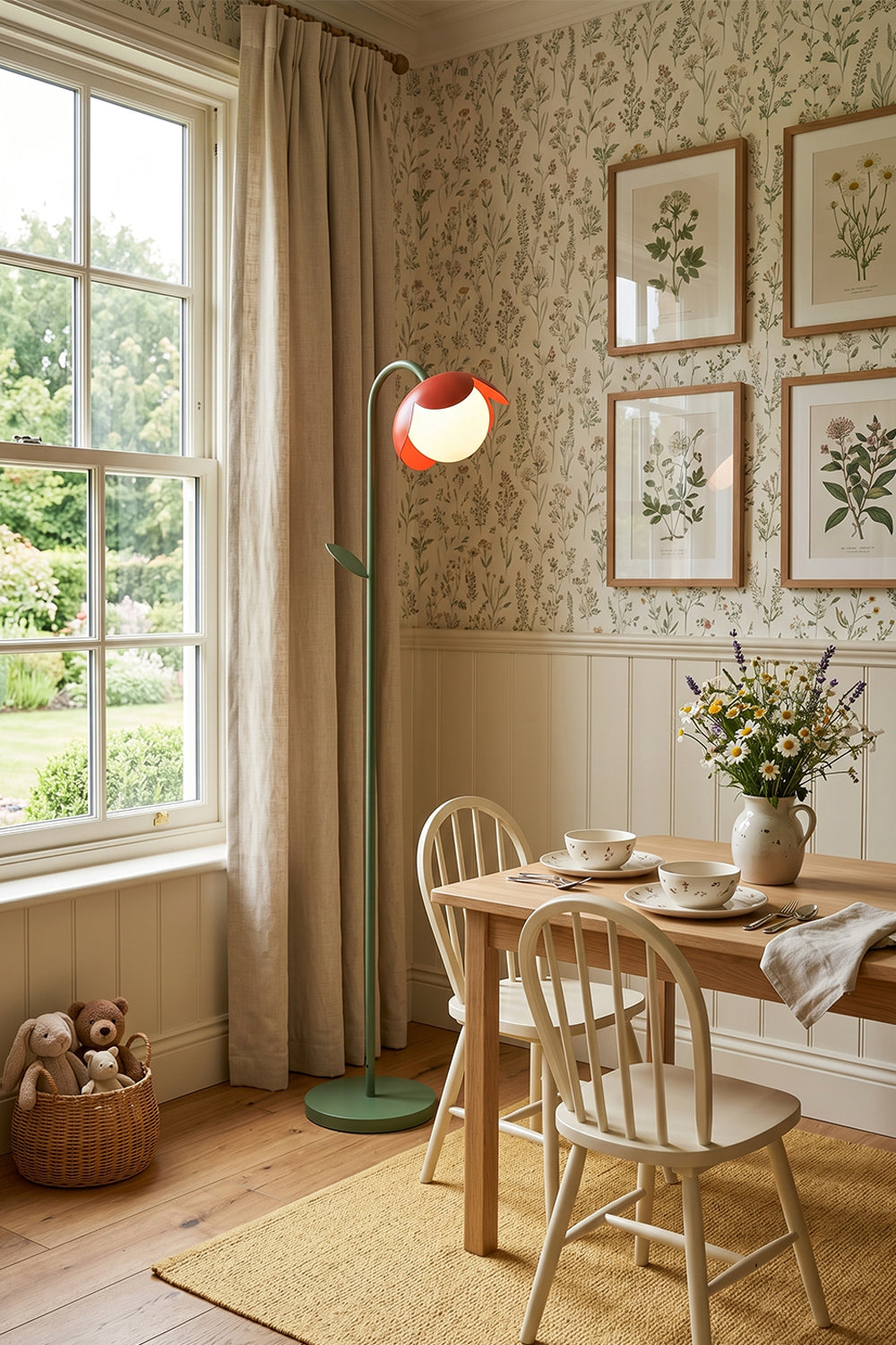 Botanical Aura Metal Floor Lamp | Metal, Glass | Red flower lamp in a rustic dining room | Wooden table and botanical wall art | vexa lamps
