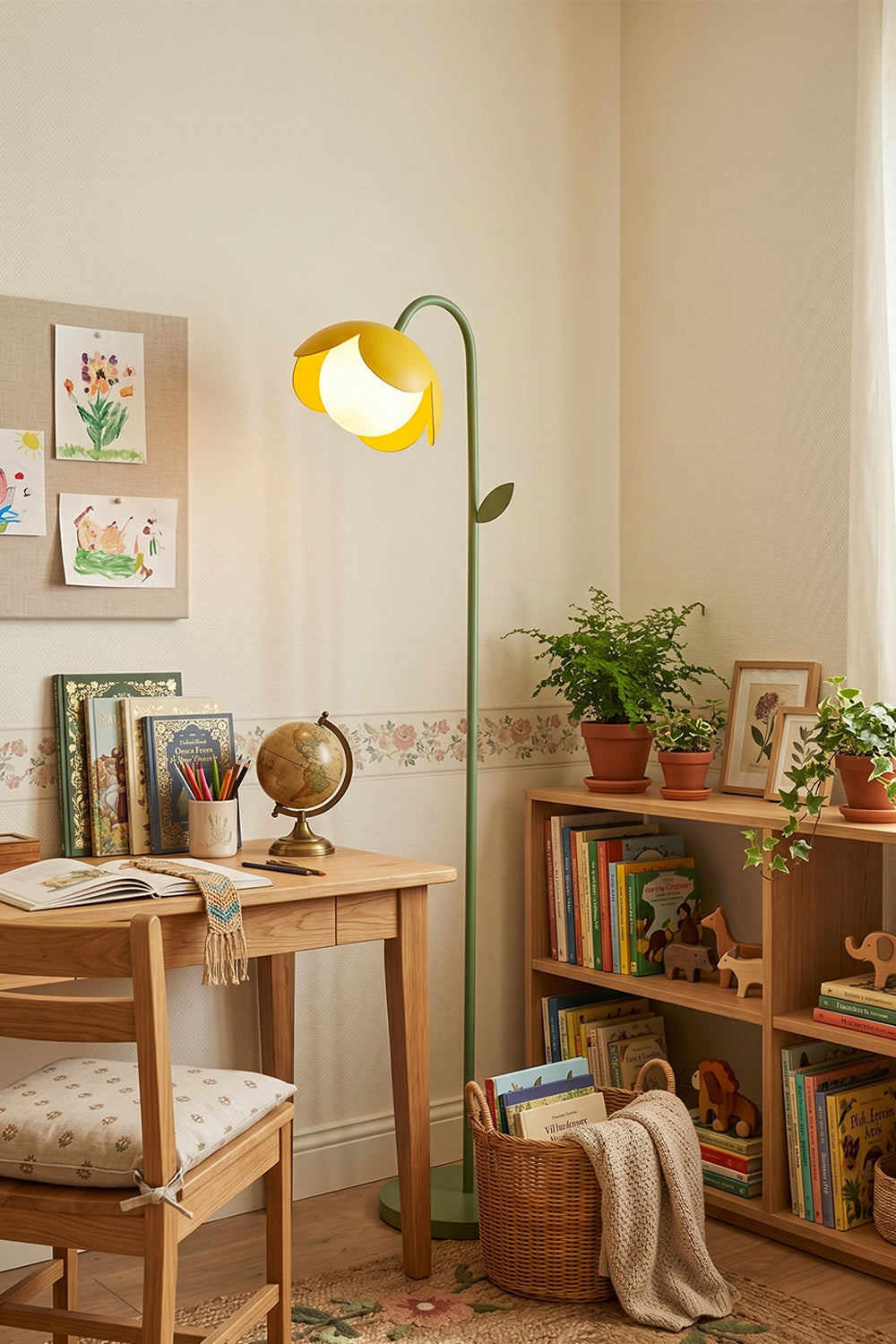 Botanical Aura Metal Floor Lamp | Metal, Glass | Yellow flower lamp in a child's study corner | Next to wooden desk and bookshelves | vexa lamps