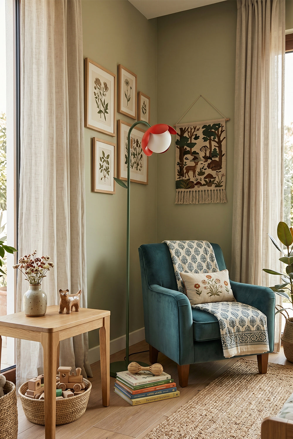 Botanical Aura Metal Floor Lamp | Metal, Glass | Red flower lamp in a modern reading corner | Near teal armchair and gallery wall | vexa lamps
