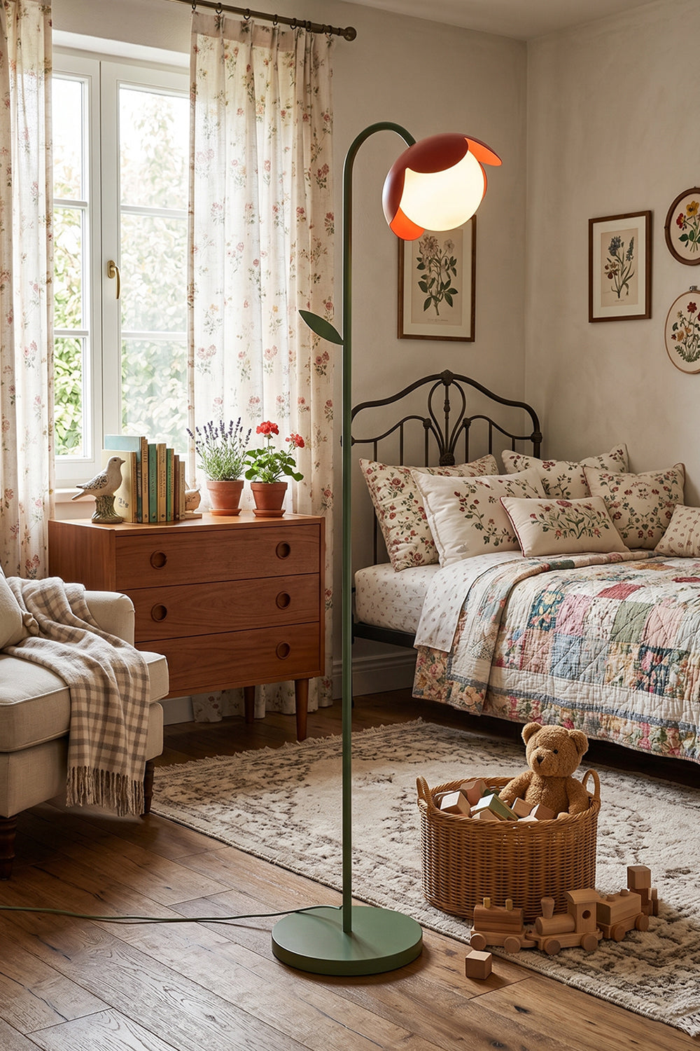 Botanical Aura Metal Floor Lamp | Metal, Glass | Red flower lamp in a cottage-style bedroom | Quilted bedding and vintage furniture | vexa lamps