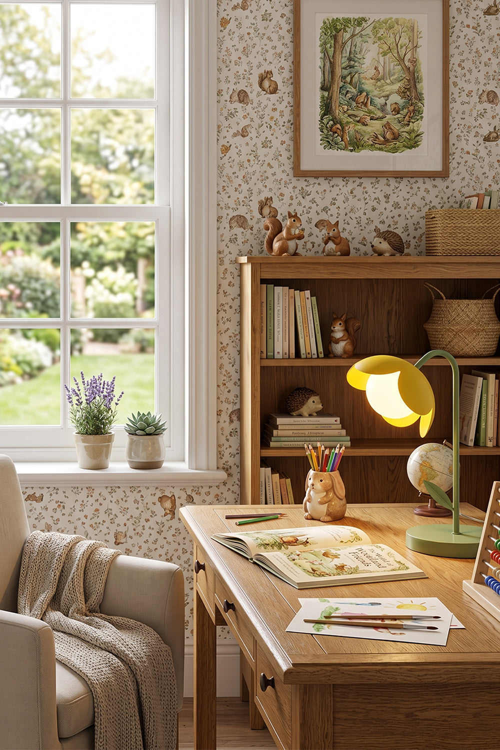 Rustic kids' study room scene | Metal and glass | Yellow petal botanical lamp on wooden desk | Built-in bookshelves and window | Warm natural light | vexa lamps