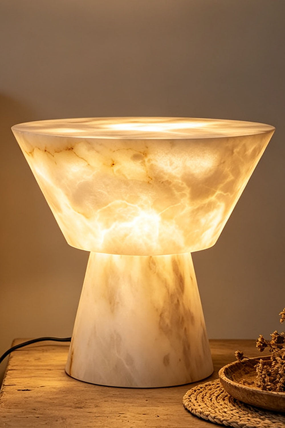 Bramwell Chalice Alabaster Table Lamp | Natural Alabaster | Close-up view of the glowing carved stone shade on a wooden surface | vexa lamps