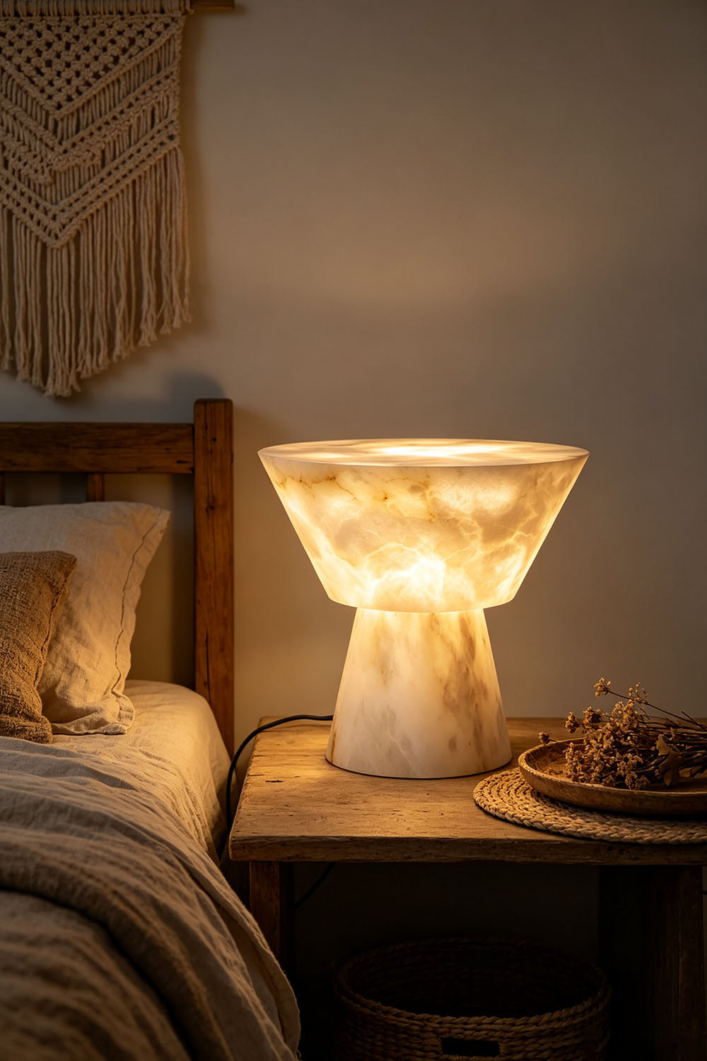 Bramwell Chalice Alabaster Table Lamp | Natural Alabaster | Placed on a bedside table in a cozy rustic bedroom setting | vexa lamps