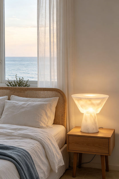 Bramwell Chalice Alabaster Table Lamp | Natural Alabaster | Displayed on a wooden nightstand in a coastal bedroom with ocean views | vexa lamps