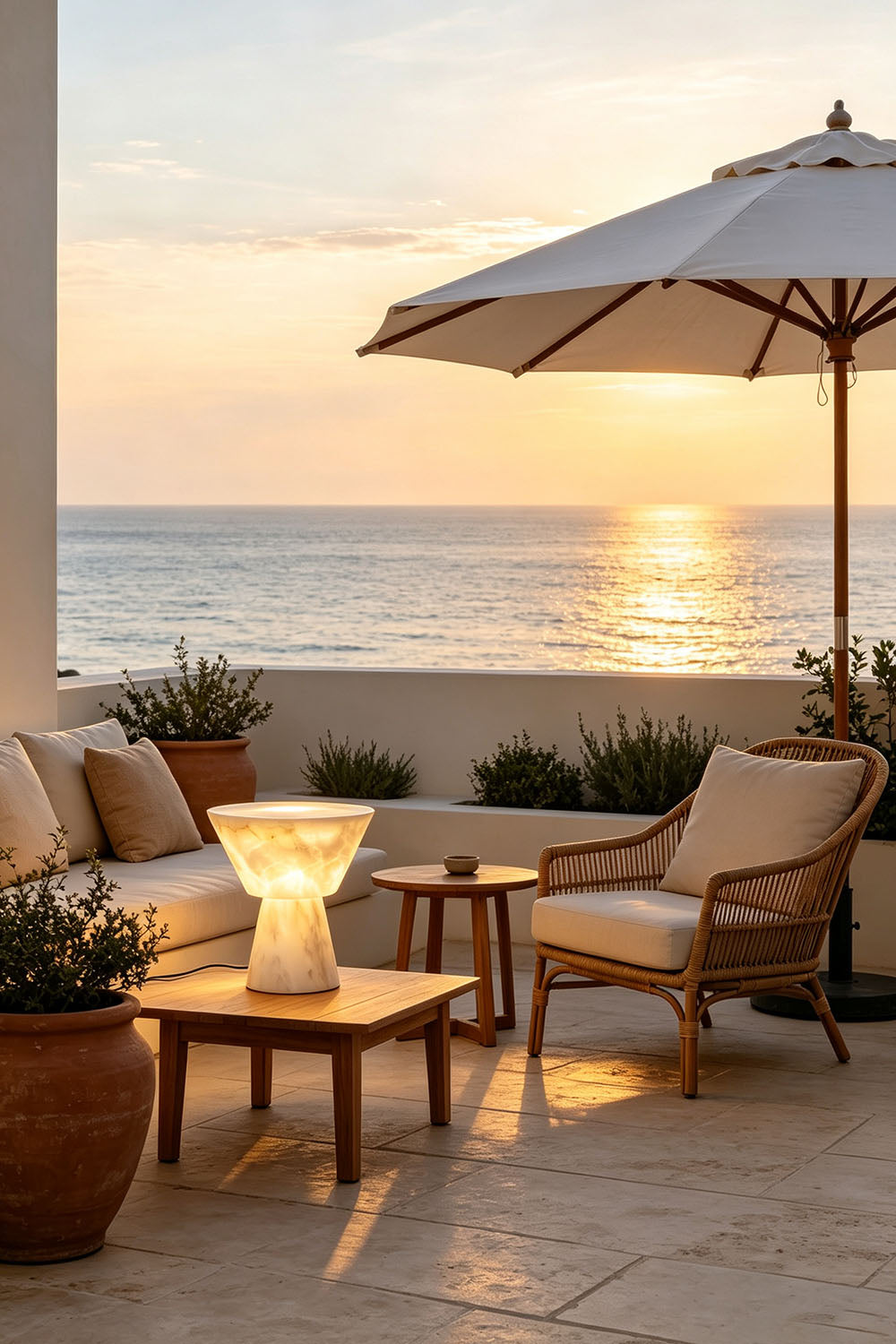 Bramwell Chalice Alabaster Table Lamp | Natural Alabaster | Styled on an oceanfront terrace side table during sunset | vexa lamps