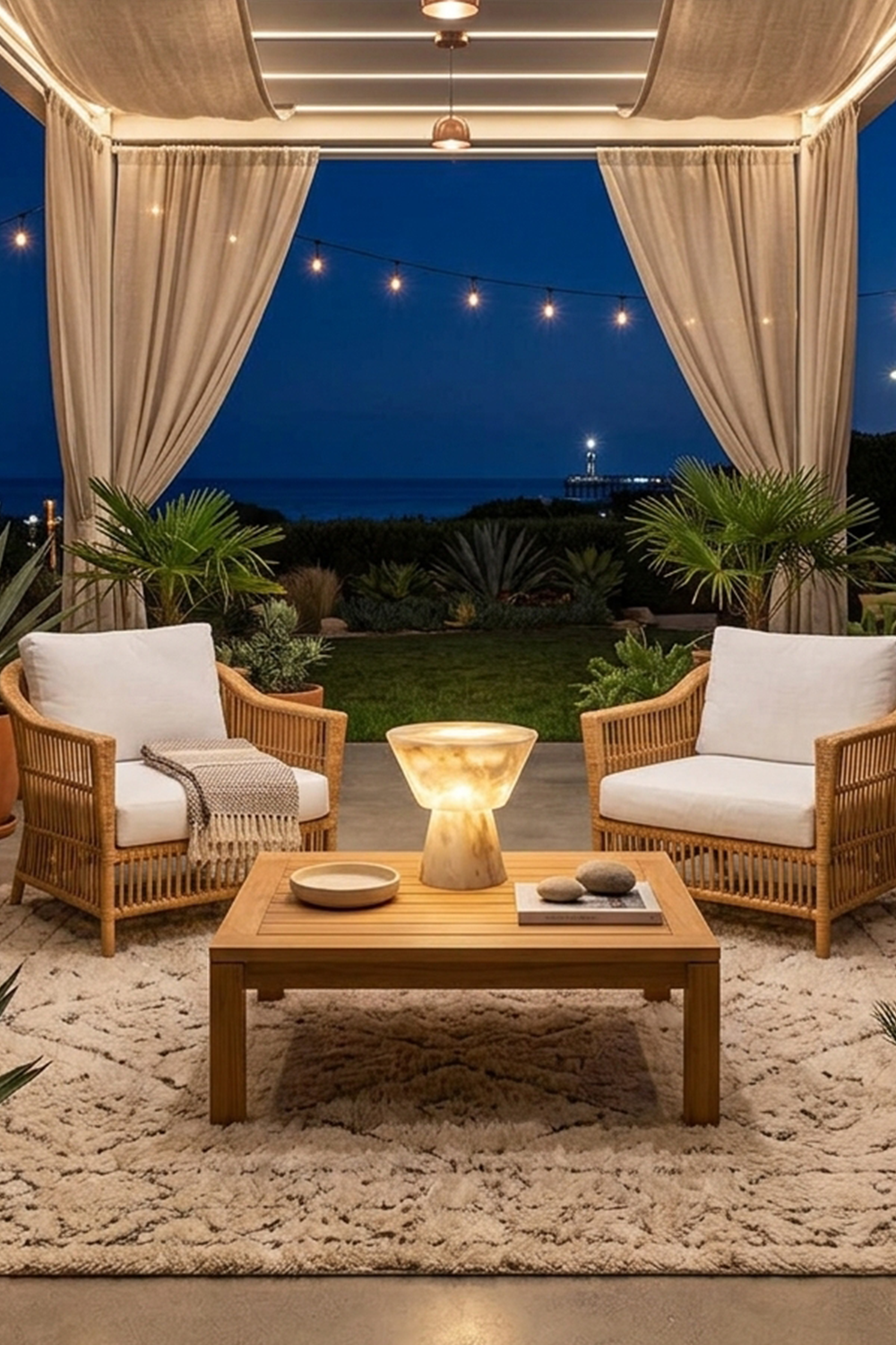 Bramwell Chalice Alabaster Table Lamp | Natural Alabaster | Illuminating an evening patio setting under string lights | vexa lamps