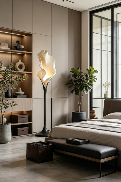 Resin petal floor lamp in a high-end bedroom interior | Metal, Resin