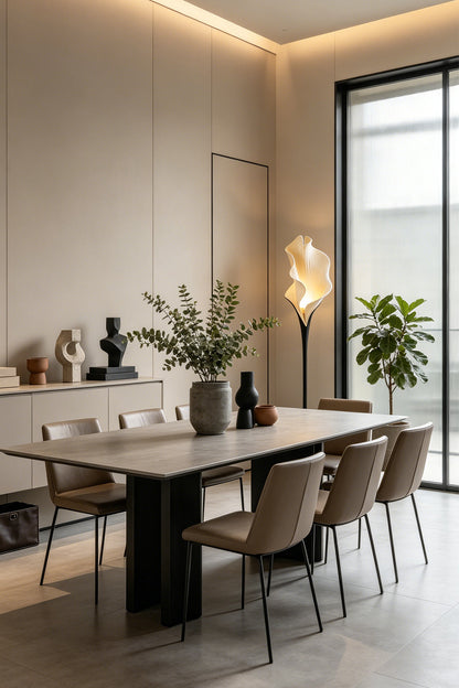 Calla Muse floor lamp providing ambient light in a dining area | Metal, Resin |