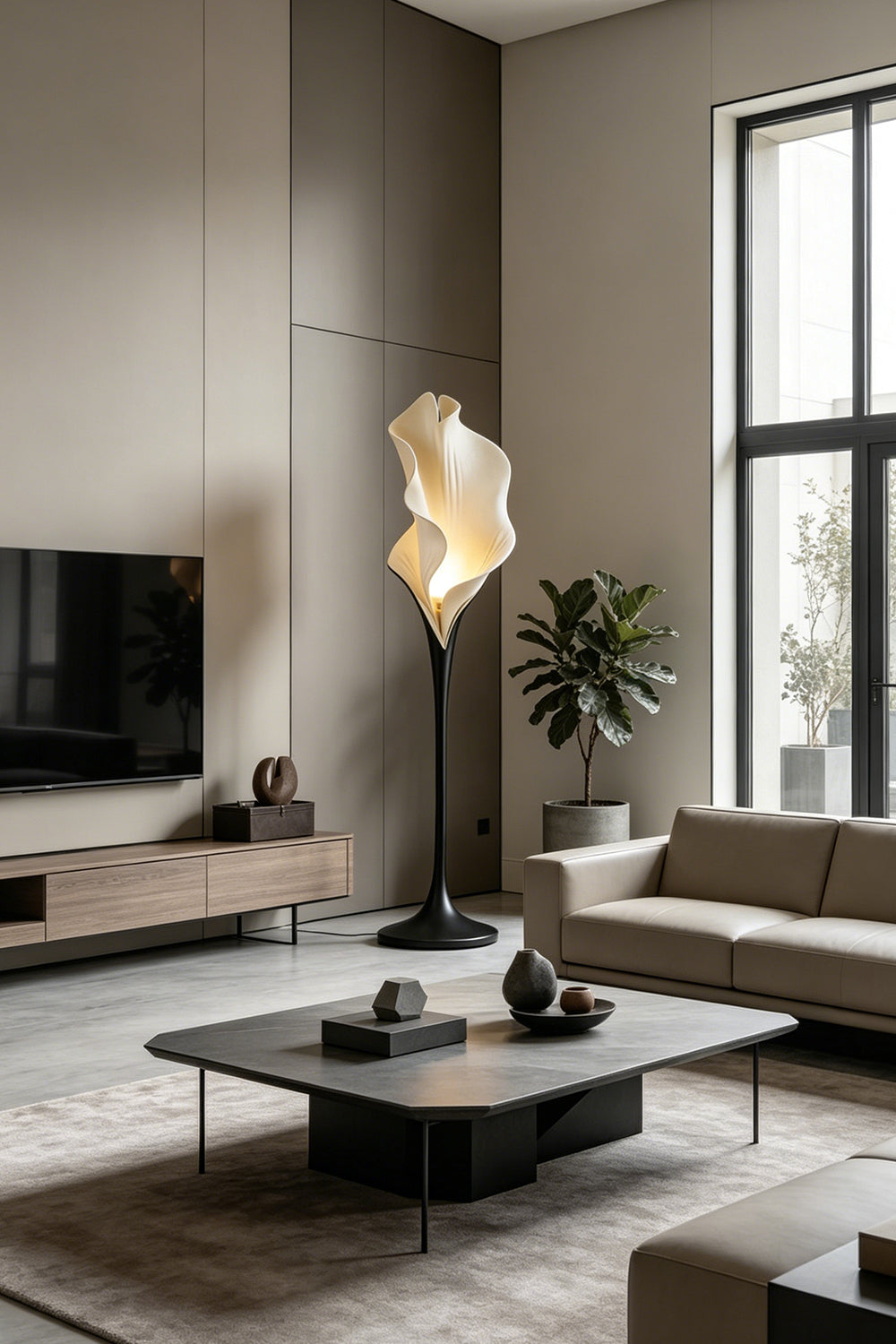 Calla lily inspired floor lamp in a contemporary lounge | Metal, Resin