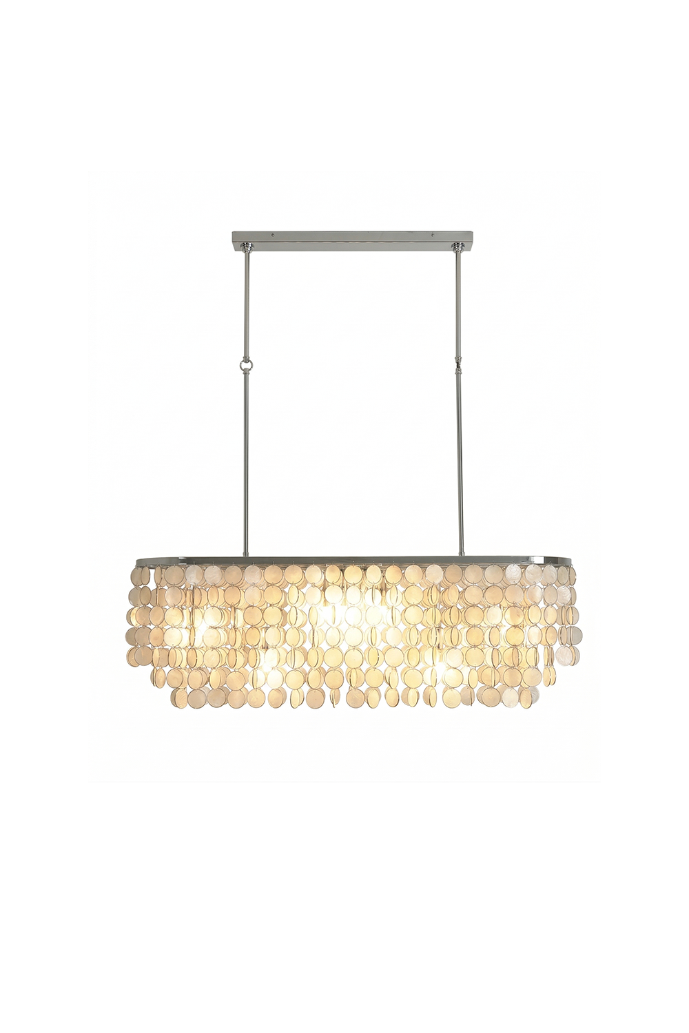 Unlit Capiz shell elongated chandelier | Iron | Shell | Front view isolated on white background | vexa lamps