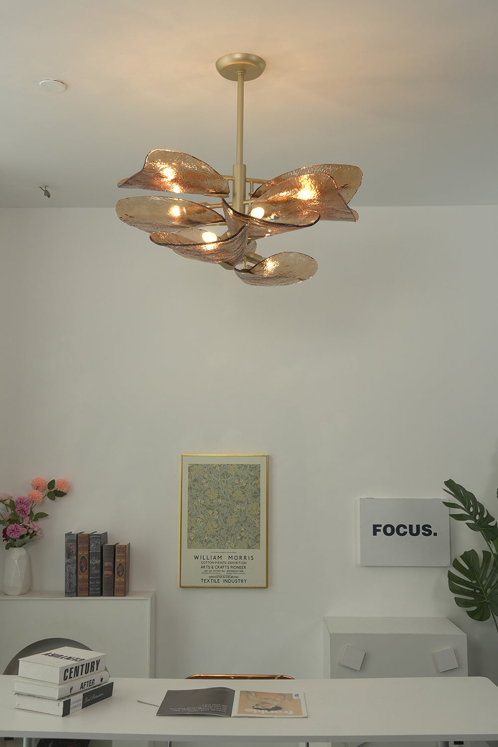 Warm glow textured glass wave chandelier | Metal, Glass | Mounted in a minimalist home office or study area | vexa lamps