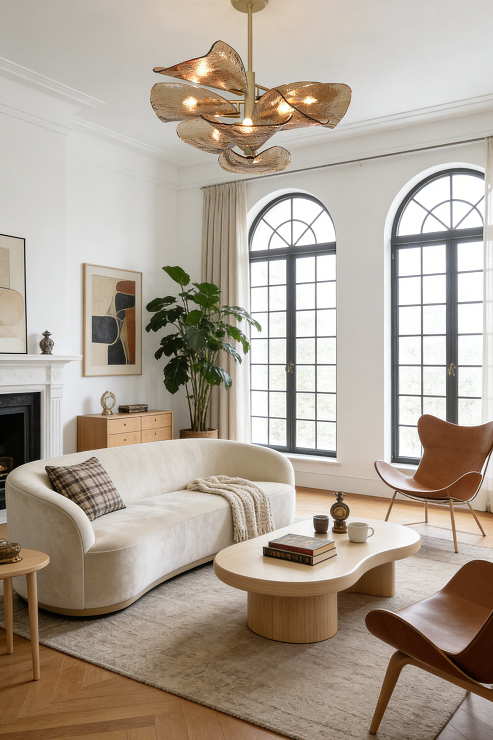 Large wavy textured glass chandelier | Metal, Glass | Installed in a spacious living room with arched windows | vexa lamps