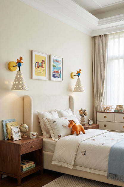 Carousel Horizon Ceramic Wall Sconce | Metal, Resin, Ceramics | Mounted as bedside lighting in a charming children's bedroom with colorful artwork and cozy textiles | vexa lamps