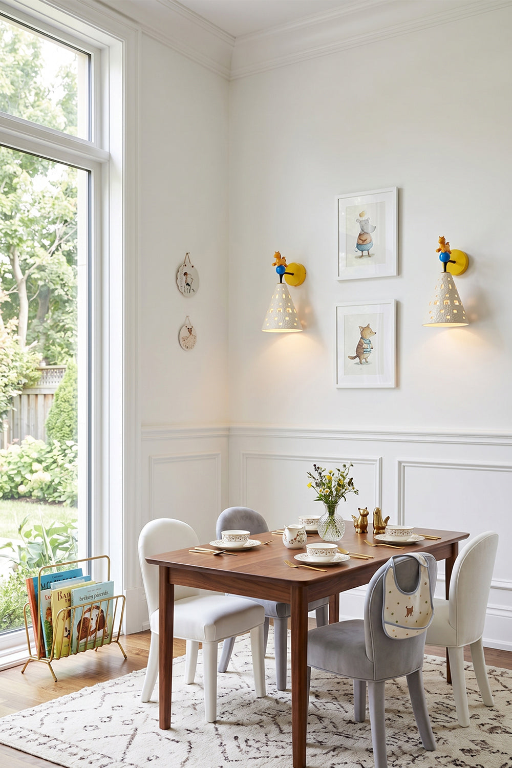 Carousel Horizon Ceramic Wall Sconce | Metal, Resin, Ceramics | Symmetrically placed on the wall in a playful children's dining and activity room with small wooden furniture | vexa lamps