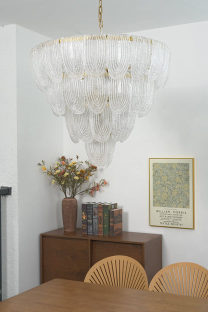 Decorative glass petal chandelier in dining area | Metal, Glass | Interior scene with classic wall art and wooden furniture | vexa lamps