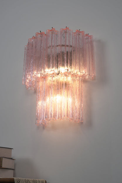 Cascading Prism Pink Glass Wall Light | Glass, Metal | Angled profile showing the tiered layers and translucency of the pink glass | vexa lamps Cascading Prism