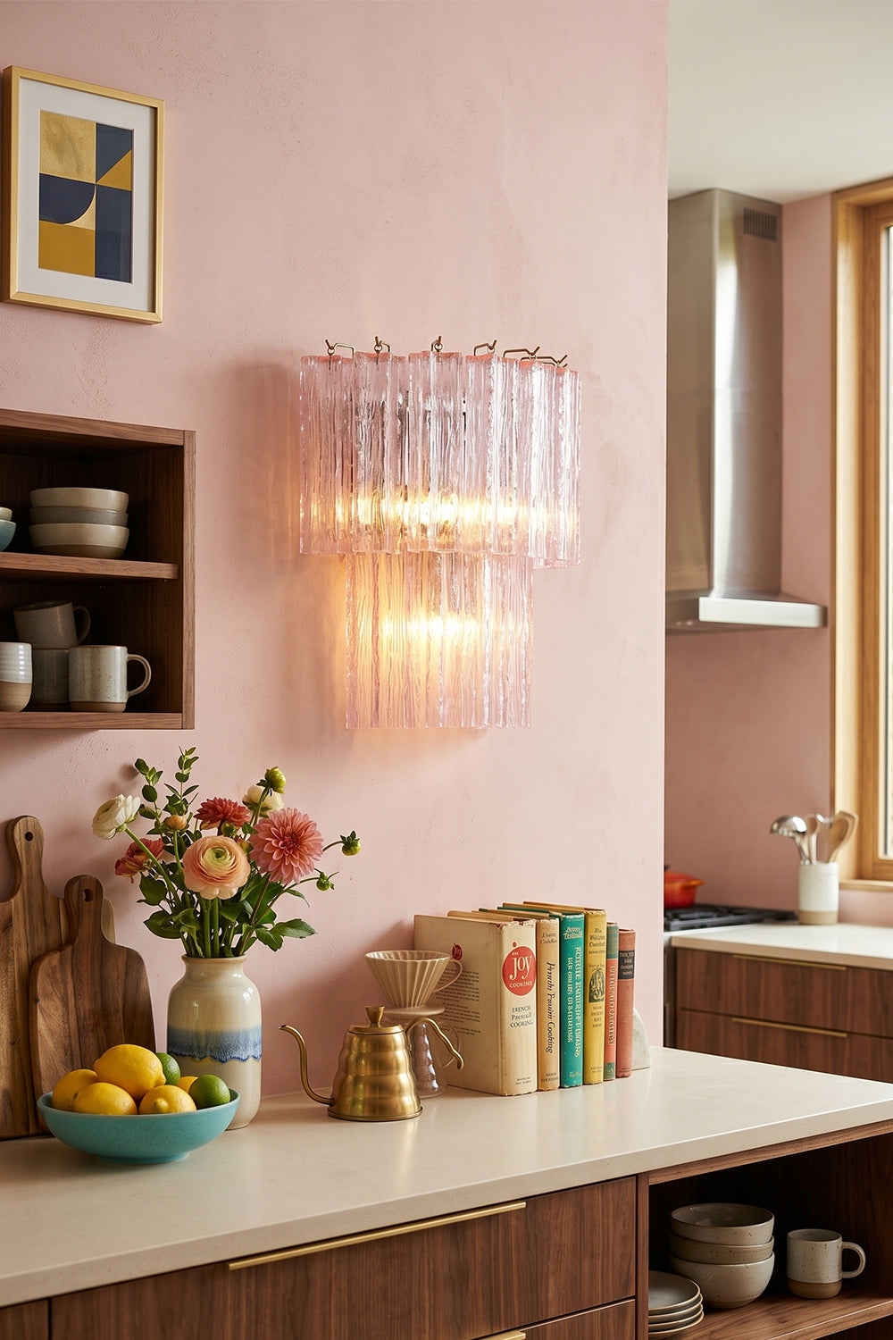 Cascading Prism Pink Glass Wall Light | Glass, Metal | Set against a pink accent wall in a stylish kitchen corner with rustic decor | vexa lamps Cascading Prism