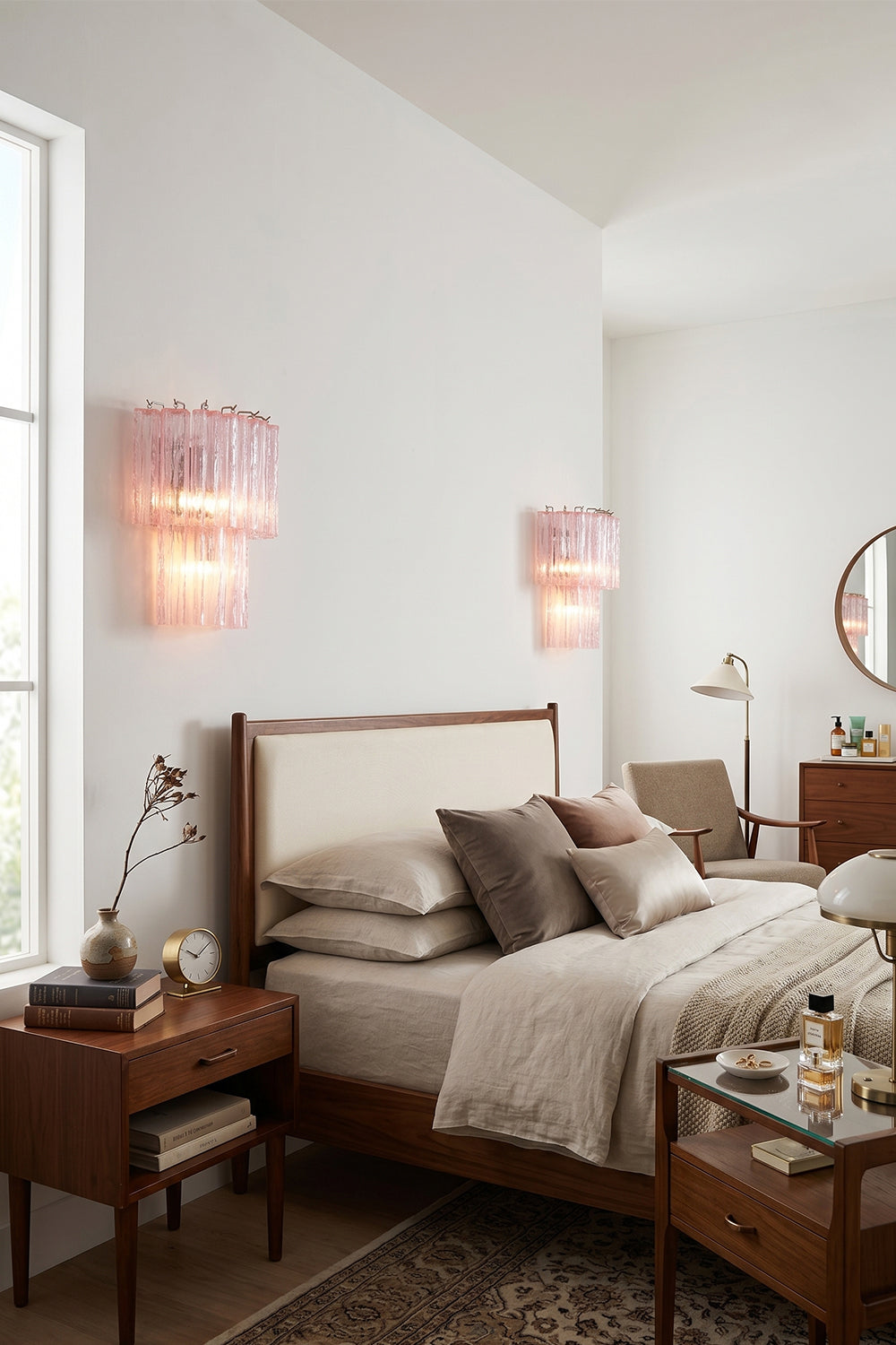 Cascading Prism Pink Glass Wall Light | Glass, Metal | Symmetrically placed as bedside lighting in a cozy, modern bedroom | vexa lamps Cascading Prism