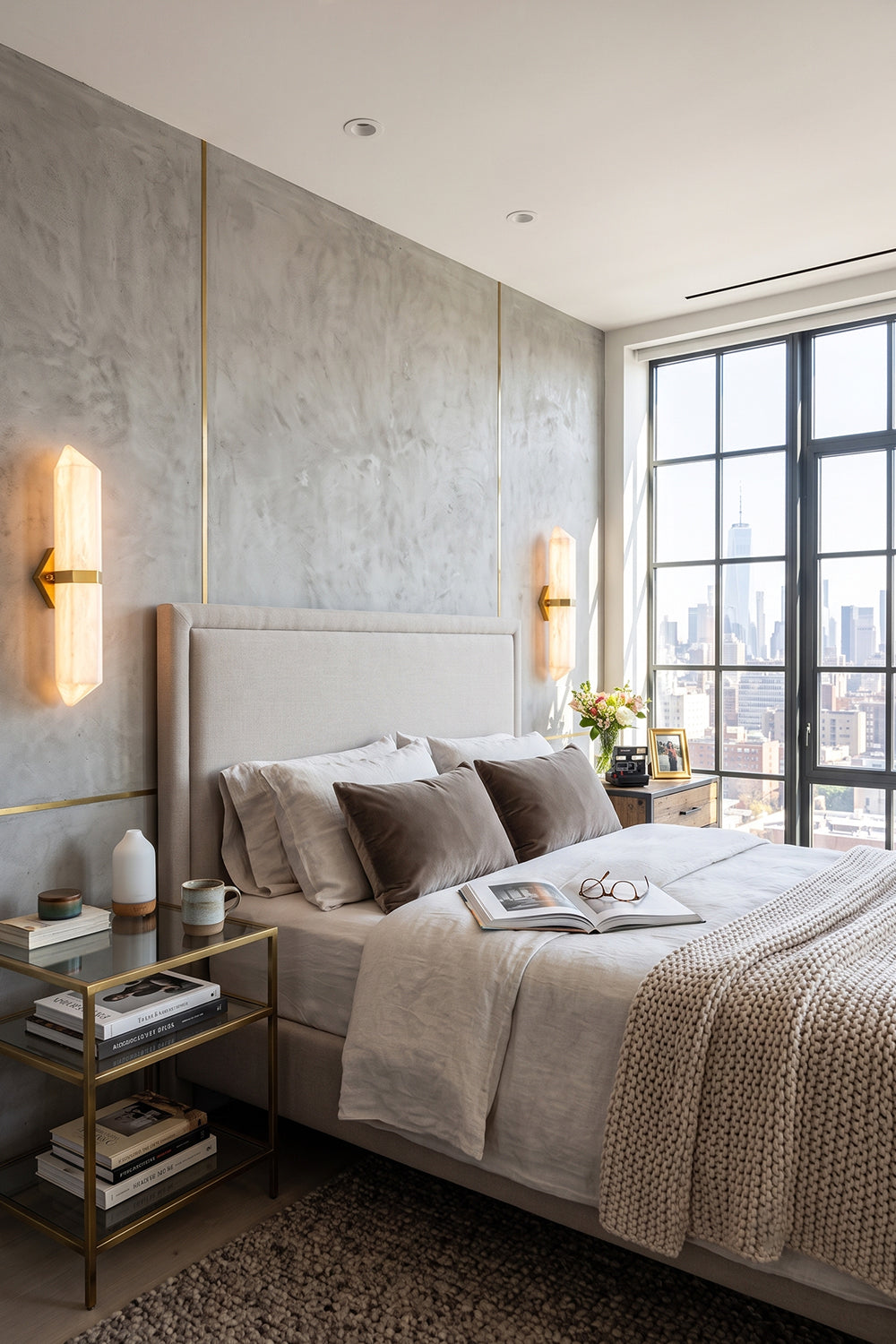 Cassian Faceted Alabaster Wall Sconce illuminating a modern bedroom with urban skyline views.