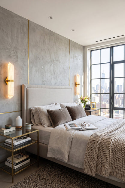 Cassian Faceted Alabaster Wall Sconce illuminating a modern bedroom with urban skyline views.