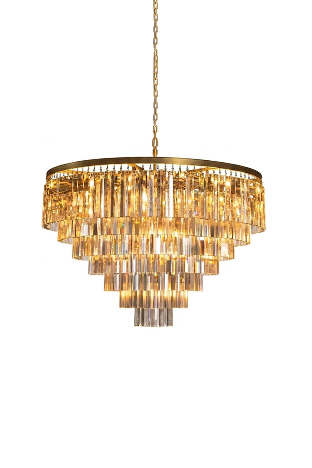Cassian Tiered Prism Ring Chandelier | Clear Prism Glass and Brass | Front full view on a pure white background, illuminated | vexa lamps