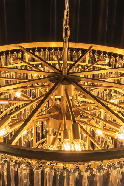 Cassian Tiered Prism Ring Chandelier | Clear Prism Glass and Brass | Bottom-up perspective showing the radial brass frame structure | vexa lamps